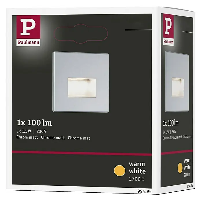 Paulmann LED-Einbauleuchte Edge - B x H: 5 x 80 mm, Warmweiß, Chrom - Verpackung einer Paulmann LED-Wandleuchte in Chrom matt, mit 100 Lumen und warmweißem Licht (2700K) für eine stimmungsvolle Beleuchtung.