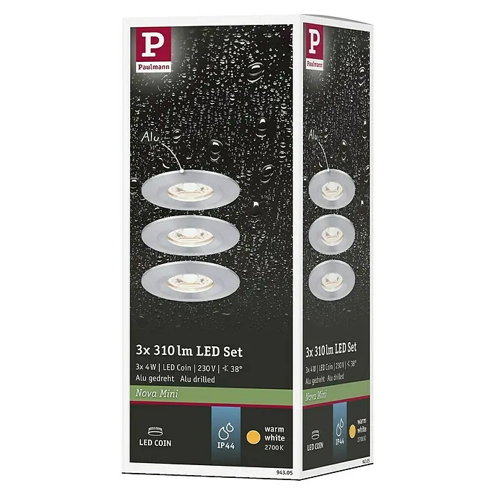 Paulmann LED-Einbauleuchten-Set Nova Mini rund - 12 W, Aluminium, 3 Stk., Warmweiß - Verpackung des Paulmann 3x 310 lm LED-Sets mit drei LED-Spots, ideal für die Beleuchtung. Alu gebohrt und warmweißes Licht (2700 K).