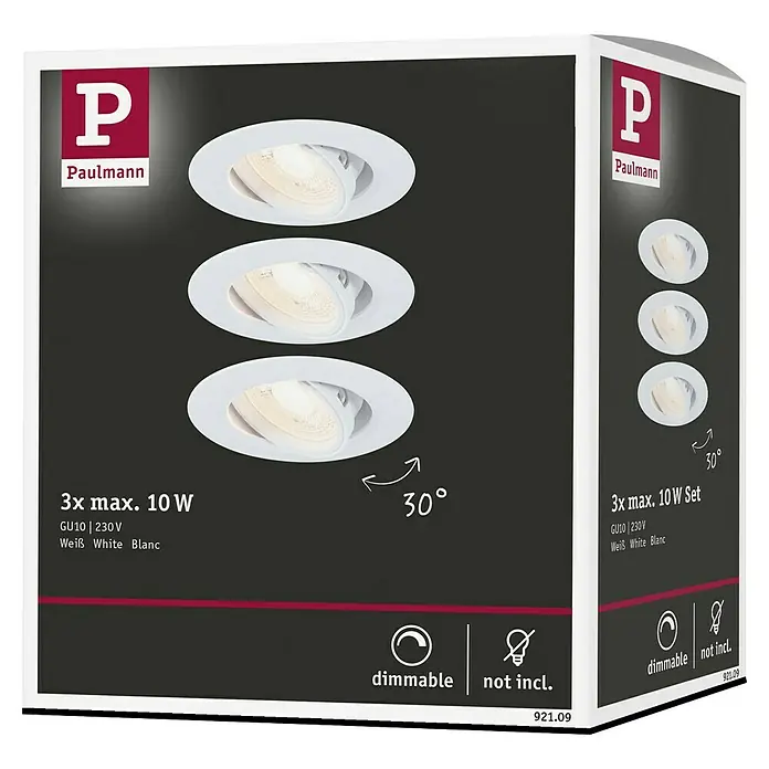 Paulmann Einbauleuchte - 10 W, 9 cm, Weiß, 3 Stk., Schwenkbar - Verpackung von Paulmann Einbaustrahlern, 3er Set, max. 10W, GU10 Fassung, dimmbar, Leuchtmittel nicht inklusive.