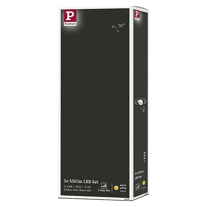 Paulmann LED-Einbauleuchte 3er-Set - 4,8 W, Schwarz, Warmweiß - Paulmann 3er LED-Set mit 550lm, schwarzem, mattem Design, 70° Schwenkbereich und warmweißem Licht (3000K) für eine angenehme Beleuchtung.