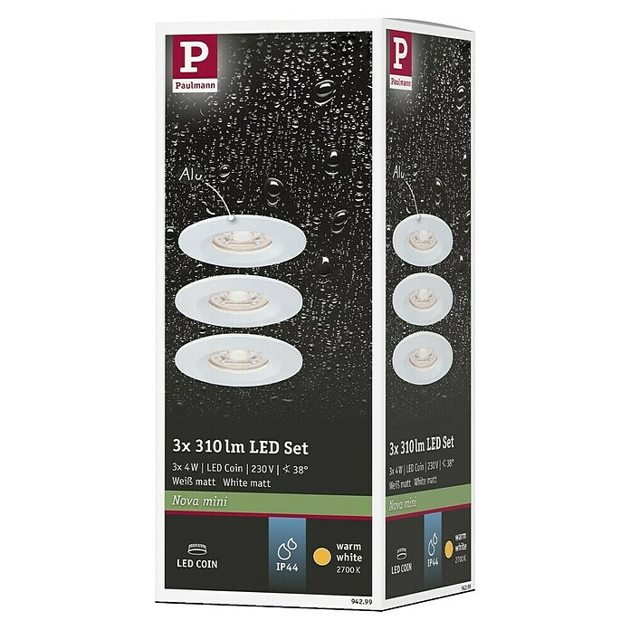 Paulmann LED-Einbauleuchten-Set (3 x 4 W, Weiß, 3 Stk., Schwenkbar)