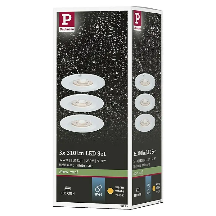 Paulmann LED-Einbauleuchten-Set Nova Mini - 12 W, Weiß, 3 Stk., Warmweiß - Produktverpackung für ein 3er Set Paulmann Nova Mini LED Einbaustrahler mit je 310 Lumen in mattweiß.