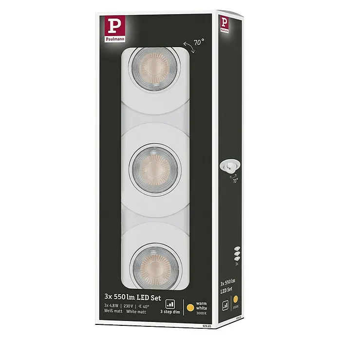 Paulmann LED-Einbauleuchten-Set - 6 W, Weiß, 3 Stk., Warmweiß, 8,2 cm - Produktverpackung mit drei weißen LED-Leuchten von Paulmann, warmweißes Licht mit 3000K und Dimmfunktion.