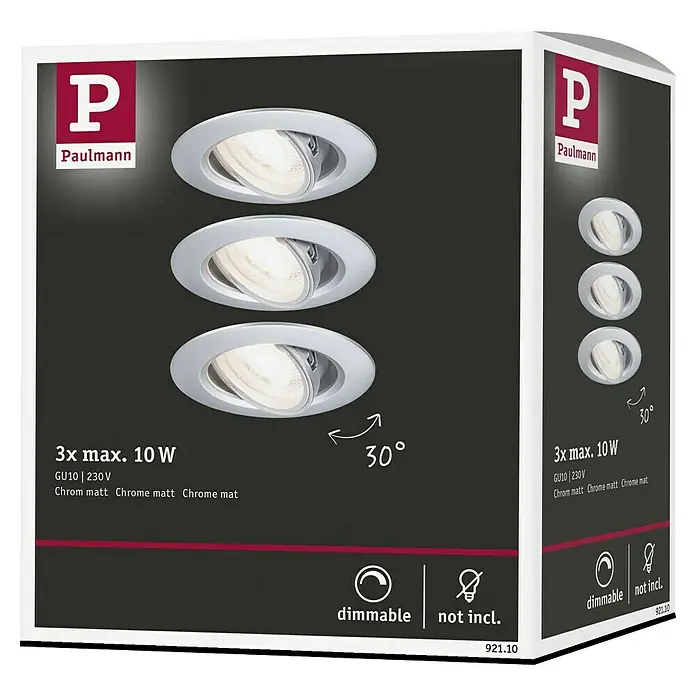 Paulmann Einbauleuchte - 10 W, 9 cm, Chrom, 3 Stk., Schwenkbar - Verpackung von Paulmann Einbaustrahlern, 3er-Set, max. 10W, GU10, 230V, Chrom matt. Dimmbar, Leuchtmittel nicht enthalten, Neigungswinkel 30°.