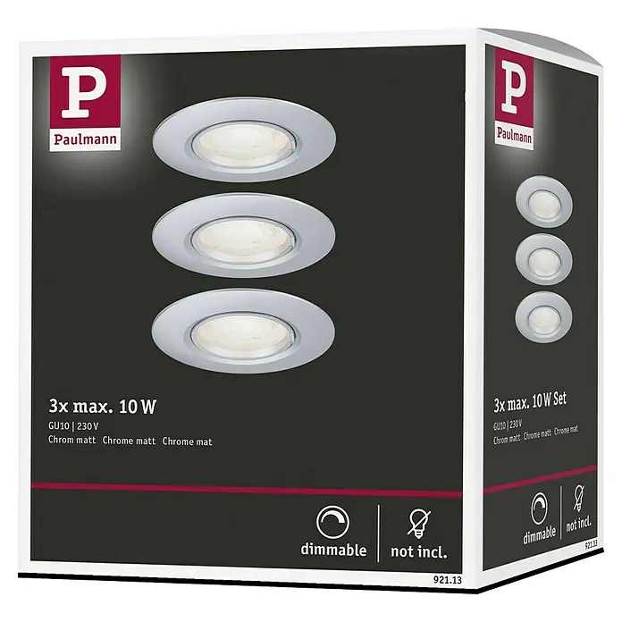 Paulmann Einbauleuchte - 9 cm, Chrom, 3 Stk., Starr - Eine Paulmann 3er-Packung Einbaustrahler mit Chrom matt Design, ideal für moderne Innenräume und eine dezente Beleuchtung.