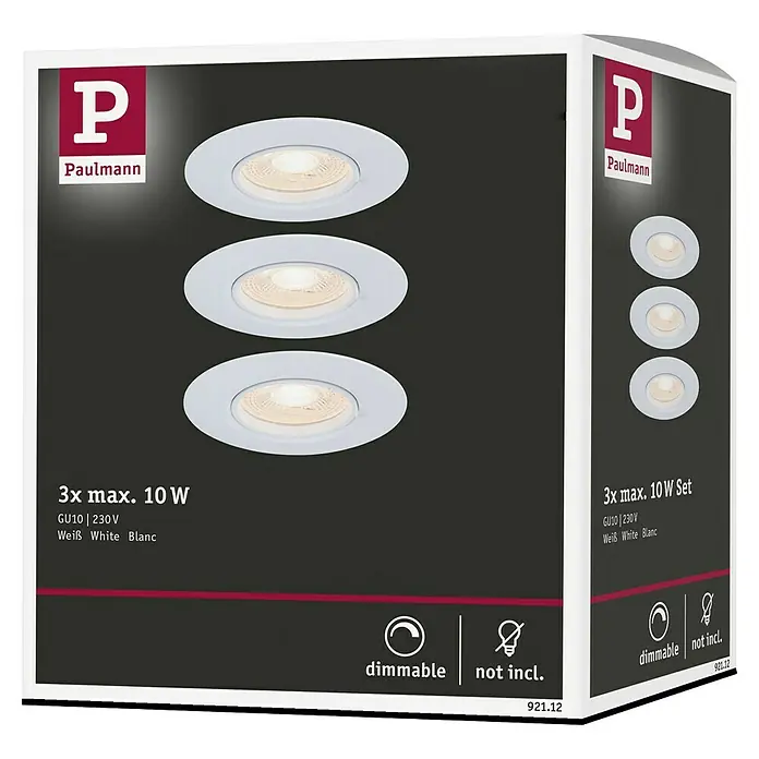 Paulmann Einbauleuchte - 9 cm, Weiß, 3 Stk., Starr - Bild einer Verpackung für ein Paulmann 3er Set Einbaustrahler mit je maximal 10W, dimmbar, Leuchtmittel nicht enthalten.