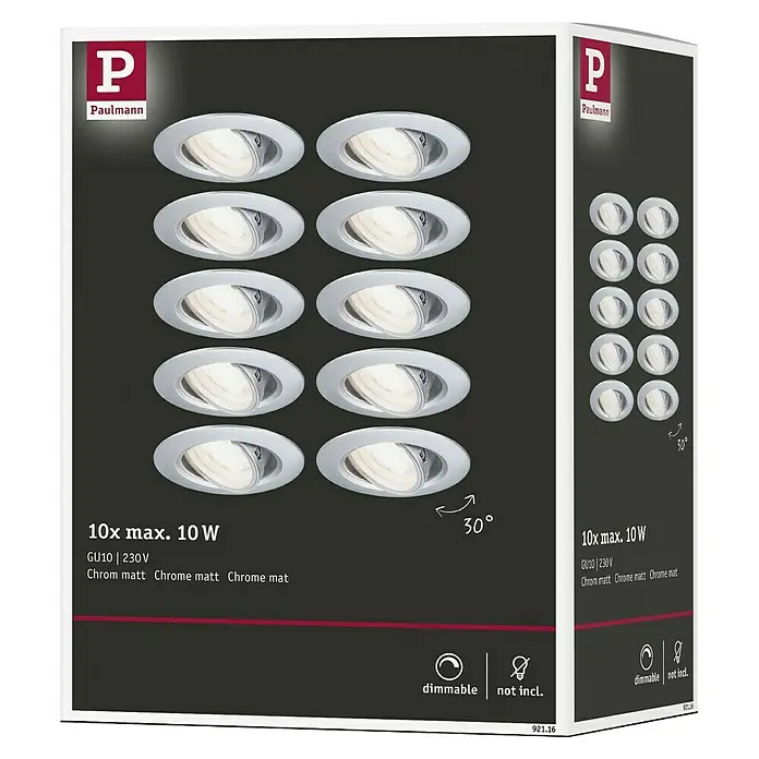 Paulmann Einbauleuchte - 10 W, 9 cm, Chrom, 10 Stk., Schwenkbar - Eine Packung mit 10 Paulmann Chrom matt Einbaustrahlern, dimmbar, geeignet für GU10 Leuchtmittel bis maximal 10W, Leuchtmittel nicht inklusive.