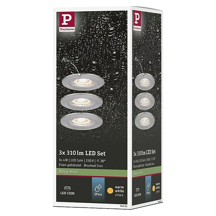 Paulmann LED-Einbauleuchten-Set (3 x 4 W, Eisen gebürstet, 3 Stk., Schwenkbar)