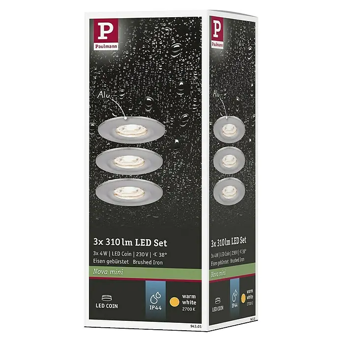 Paulmann LED-Einbauleuchten-Set Nova Mini - 12 W, Eisen gebürstet, 3 Stk., Warmweiß - Produktverpackung für ein Paulmann 3x 310 lm LED Set, gebürstetes Eisen, mit technischen Details und Produktbildern.