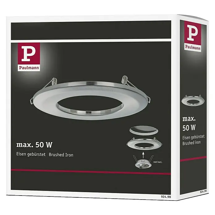 Paulmann Einbauadapter - Metall, Eisen gebürstet, Durchmesser: 13 cm - Produktverpackung für einen Paulmann Deckeneinbaustrahler, gebürstetes Eisen, max. 50 W, mit Montagehinweisen.