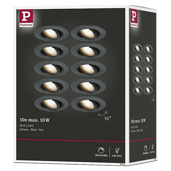 Paulmann Einbauleuchte - 10 W, 9 cm, Schwarz, 10 Stk., Schwenkbar - Ein Karton mit zehn Paulmann GU10 230V schwarzen Einbaustrahlern mit einer maximalen Leistung von 10W, die dimmbar sind.