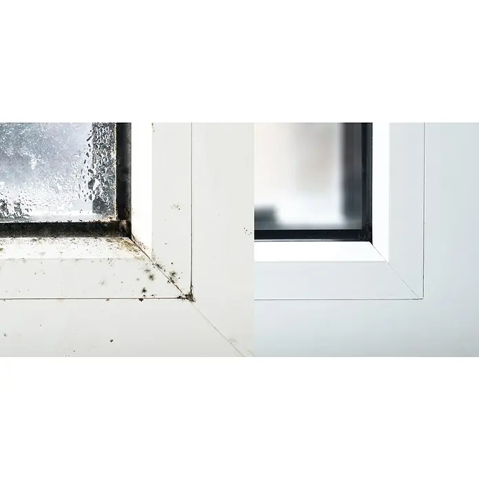 Bruguer Limpiador antimoho - Botella, 1 l - La imagen muestra una comparación de una ventana antes y después de la limpieza; la ventana limpia está libre de moho y humedad.