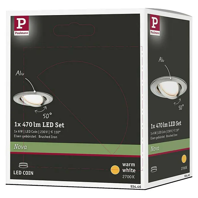 Paulmann Nova LED-Einbauleuchte - 6,5 W, Eisen gebürstet, Warmweiß, Gesamtstückzahl: 1 Stk. - Produktverpackung für ein Paulmann 1x 470 lm LED Set mit gebürstetem Eisen-Finish. Das Set beinhaltet eine warmweiße LED-Coin mit 2700K Farbtemperatur.