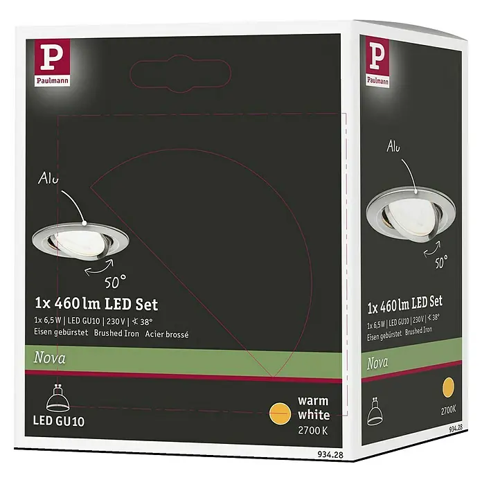 Paulmann Downlight empotrable LED redondo Nova Orientable - 6,5 W, Ø x Al: 8,4 x 9 cm, Hierro cepillado, Blanco cálido - Embalaje del producto para un Paulmann 1x 460 lm LED Set con un acabado de hierro cepillado y luz blanca cálida (2700K).