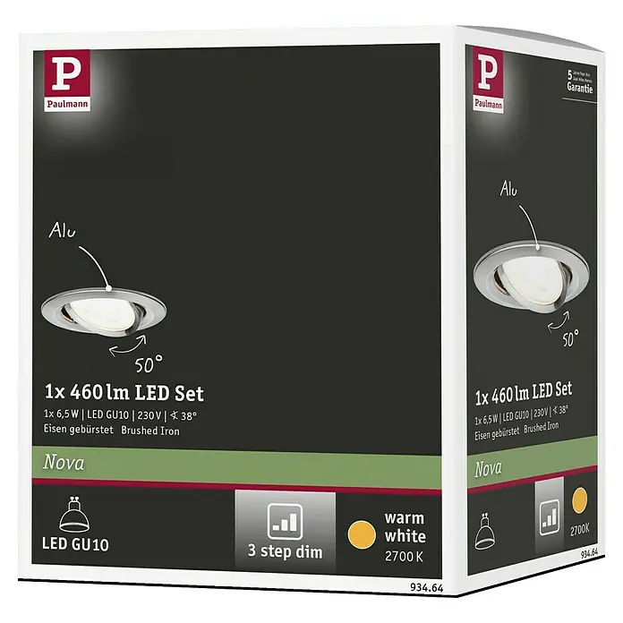 Paulmann LED-Einbauleuchte Nova - 6,5 W, Eisen gebürstet, Warmweiß, Einbautiefe: 90 mm - Produktverpackung für Paulmann Nova LED-Spots: 1x 460 lm LED-Set, 6,5 W, GU10, Eisen gebürstet, mit 3-Stufen-Dimmfunktion und warmweißem Licht (2700 K).
