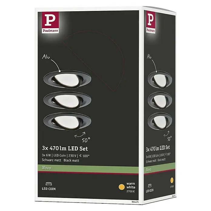 Paulmann Nova LED-Einbauleuchten-Set - Warmweiß, Durchmesser: 8,4 cm, Schwarz - Produktverpackung für ein 3er Set Paulmann Nova LED-Einbaustrahler mit 470 lm, Alu, schwarz matt, warmweiß (2700 K), inklusive LED-Coin.