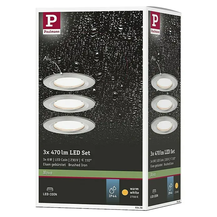 Paulmann Nova LED-Einbauleuchten-Set - 6,5 W, 3 Stk., Warmweiß, Durchmesser: 7,8 cm, Eisen gebürstet - Produktverpackung für ein Paulmann 3er Set LED-Einbaustrahler, 470 Lumen, gebürstetes Eisen Design, warmweißes Licht, ideal zur Deckenbeleuchtung.