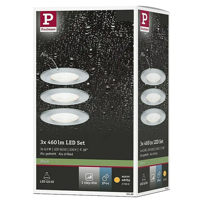 Paulmann LED-Einbauleuchte Nova - 19,5 W, Aluminium, Warmweiß, 3 Stk., Einbautiefe: 75 mm - Die Verpackung eines Paulmann LED-Sets mit drei runden, silbernen Leuchten und technischen Details.