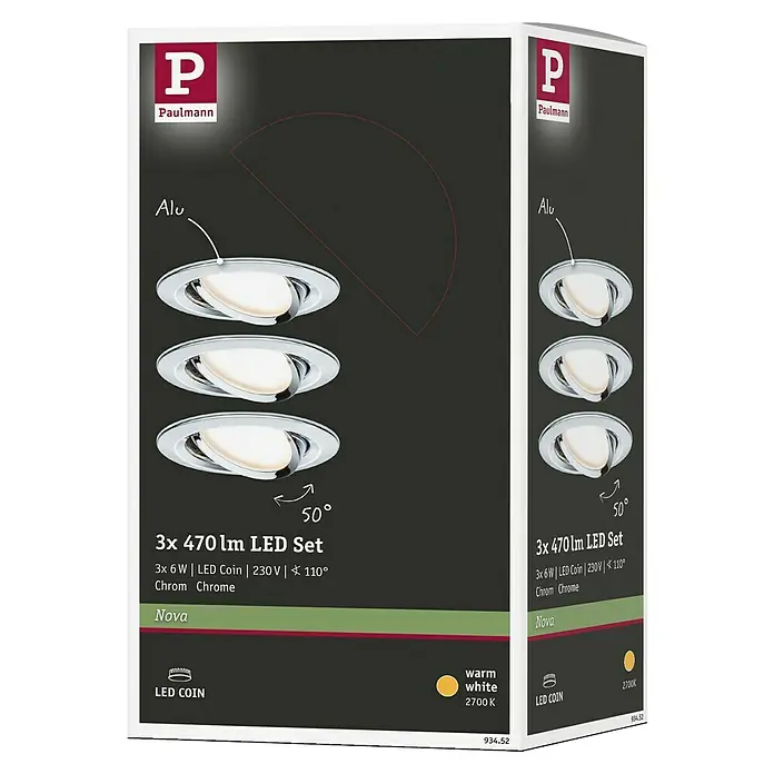 Paulmann Nova LED-Einbauleuchten-Set - 6,5 W, 3 Stk., Warmweiß, Durchmesser: 8,4 cm, Chrom - Produktverpackung des Paulmann 3er Sets Nova LED-Einbaustrahler, 3 x 6W LED Coin, 230V, 110°, Chrom. Warmweißes Licht mit 2700K.