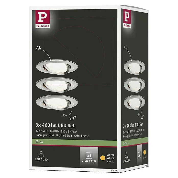 Paulmann LED-Einbauleuchte Nova - 19,5 W, Eisen gebürstet, Warmweiß, Einbautiefe: 90 mm - Produktverpackung für ein 3er Set Paulmann Nova LED-Leuchten mit je 460 Lumen, gebürstetem Eisen und warmweißem Licht (2700K).