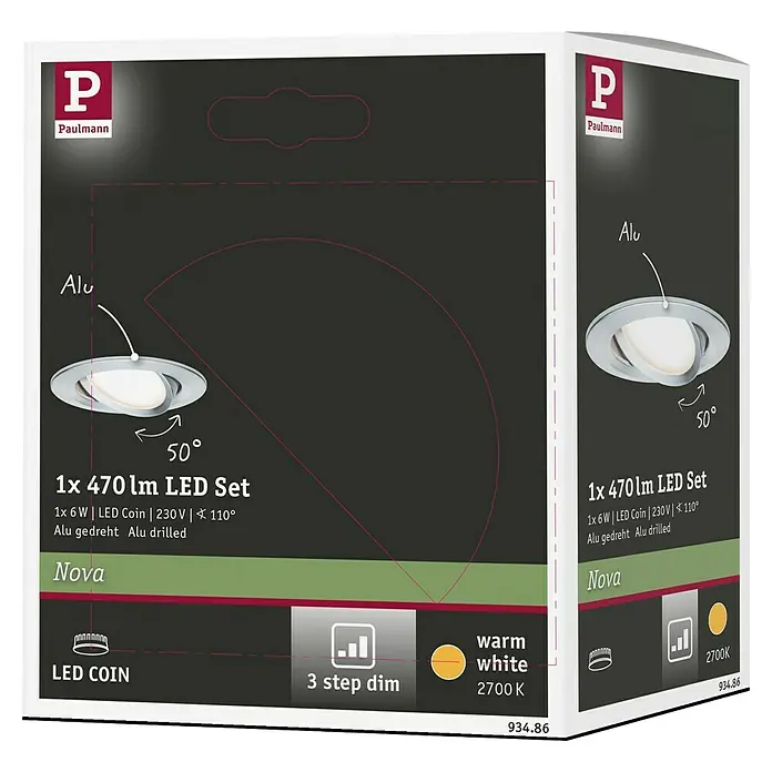 Paulmann LED-Einbauleuchte Nova - 6,5 W, Aluminium, Warmweiß, Leuchtenkopf beweglich - Produktverpackung für ein Paulmann Nova 1x 470 lm LED-Set, Alu gedreht, mit 3-Stufen-Dimmfunktion und warmweißem Licht (2700K).