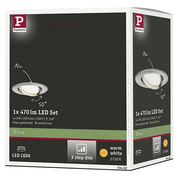 Paulmann LED-Einbauleuchte Nova - 6,5 W, Eisen gebürstet, Warmweiß, Leuchtenkopf beweglich - Produktverpackung für ein Paulmann 1x 470 lm LED Set Nova, gebürstetes Eisen Design, warmweißes Licht mit 2700K, ideal für moderne Innenräume.