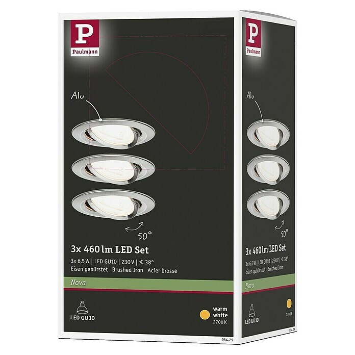 Paulmann LED-Einbauleuchten-Set (6,5 W, Eisen gebürstet, Durchmesser: 8,4 cm, 3 Stk., GU10)