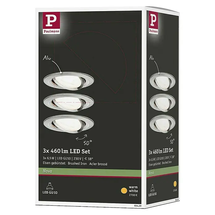 Paulmann Set de focos LED empotrables Diseño discreto - 6,5 W, Hierro cepillado, 3 ud., Blanco cálido - Embalaje del producto del Paulmann Nova LED Set con 3 focos de hierro cepillado para bombillas GU10, ideal para iluminación ambiental.