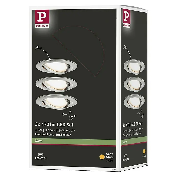 Paulmann Nova LED-Einbauleuchten-Set - 6,5 W, 3 Stk., Warmweiß, Durchmesser: 8,4 cm, Eisen gebürstet - Ein Produktfoto der Paulmann Nova LED-Einbaustrahler im 3er-Set, ideal für moderne Beleuchtungslösungen mit warmweißem Licht und gebürstetem Eisendesign.