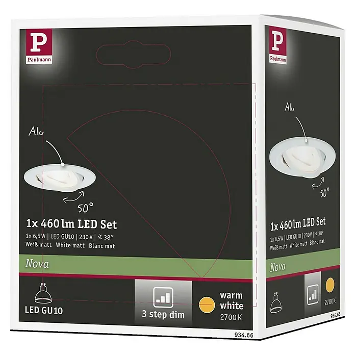 Paulmann LED-Einbauleuchte Nova - 6,5 W, Warmweiß, Leuchtenkopf beweglich - Verpackung eines Paulmann Nova LED-Sets mit 460 lm, GU10, 230V, 38°, warmweiß (2700K), 3-Stufen-Dimmer, aus Aluminium.