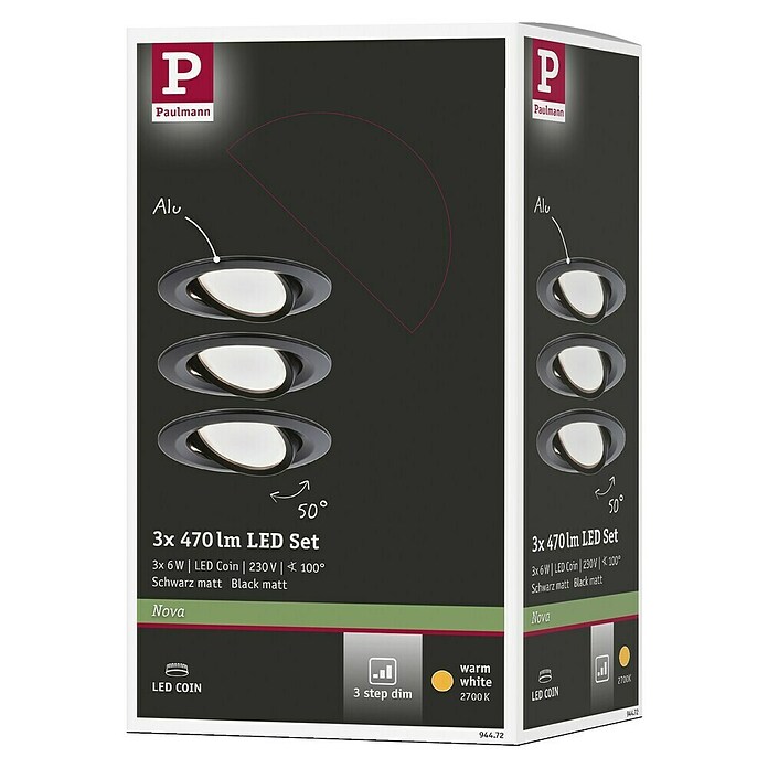 Paulmann Nova LED-Einbauleuchten-Set Nova (6,5 W, 3 Stk., Warmweiß, 8,4 cm, Schwarz) | BAUHAUS