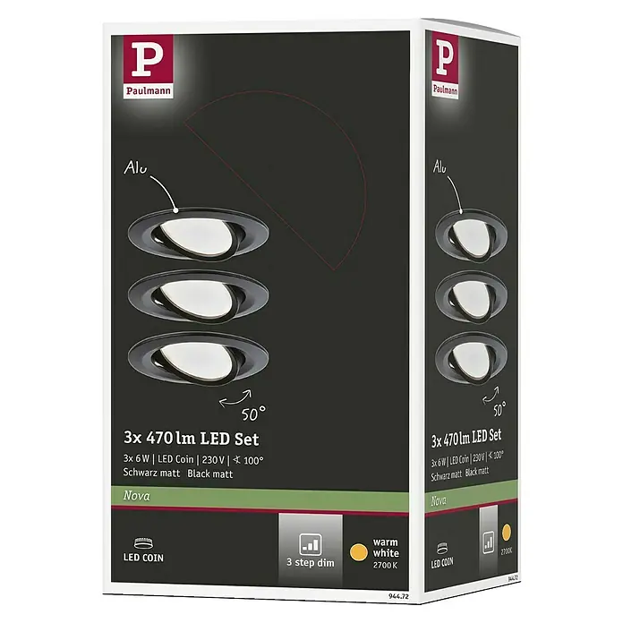 Paulmann Nova Set de focos LED empotrables Nova LED - 6,5 W, 3 ud., Blanco cálido, 8,4 cm, Negro - Paquete de focos empotrables LED Paulmann Nova con tres focos, aluminio, 6W LED Coin, 230V, negro mate, blanco cálido 2700K.