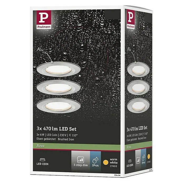 Paulmann Nova LED-Einbauleuchten-Set rund Coin - 3 W, Eisen gebürstet, 3 Stk., Warmweiß - Produktverpackung für ein 3er-Set Paulmann LED-Einbaustrahler, 470 Lumen, gebürstetes Eisen, mit Produktmerkmalen und Logos.