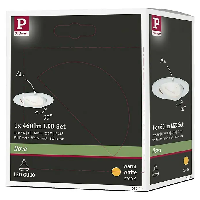 Paulmann LED-Einbauleuchte Nova - 6,5 W, Weiß, Warmweiß, 1 Stk., Einbautiefe: 90 mm - Produktverpackung für ein Paulmann 460 lm LED Set mit GU10 Leuchtmittel, Alu, warmweiß (2700K) und mattem Finish.