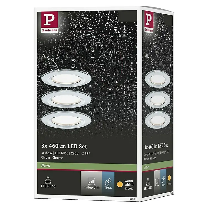 Paulmann LED-Einbauleuchte Nova feststehend - 6,5 W, Chrom, Warmweiß - Produktverpackung für ein 3er-Set Paulmann Nova LED-Einbaustrahler mit je 460 Lumen, chromfarben, warmweiß (2700K) und dimmbar.