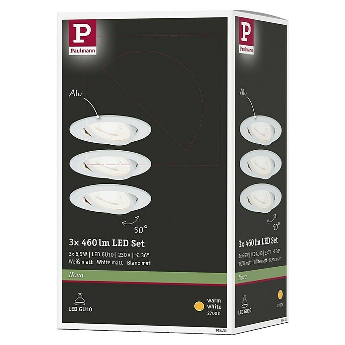Paulmann LED-Einbauleuchten-Set (6,5 W, Weiß, Durchmesser: 8,4 cm, 3 Stk., GU10)