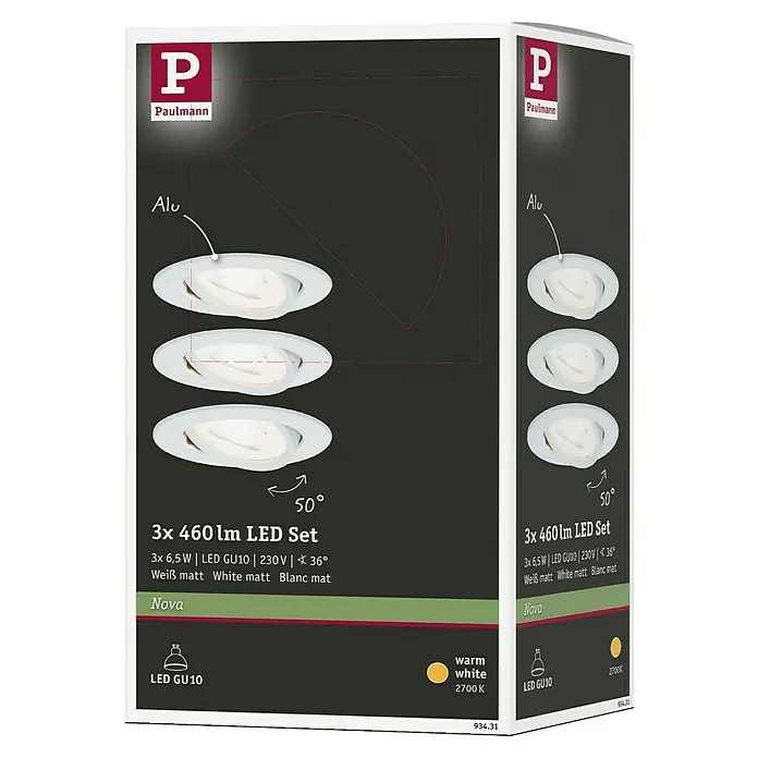 Paulmann LED-Einbauleuchten-Set Nova - 6,5 W, Weiß, 3 Stk., Warmweiß - Produktverpackung eines Paulmann 3x 460 lm LED Sets mit GU10 Leuchtmitteln, ideal für stimmungsvolle Beleuchtung in mattem Weiß.