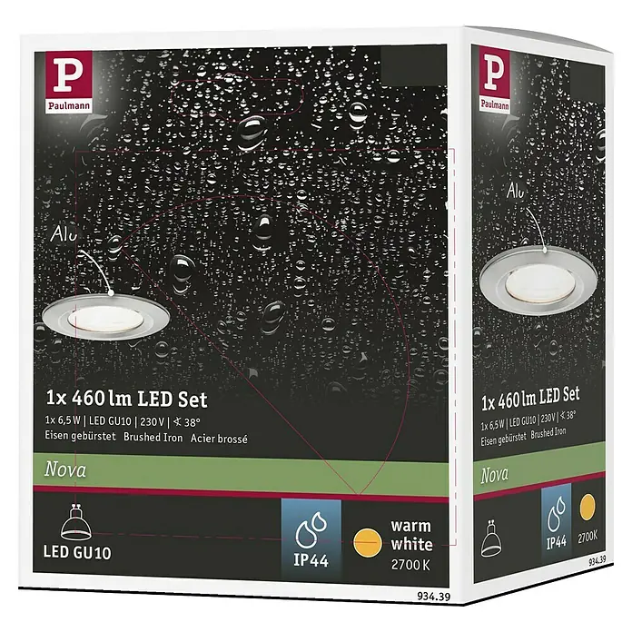 Paulmann LED-Einbauleuchte Nova - 6,5 W, Eisen gebürstet, Warmweiß, 1 Stk., IP44 - Paulmann Nova LED-Set: 1x 460 lm, GU10, gebürstetes Eisen. Für stimmungsvolle Beleuchtung im Innenbereich.