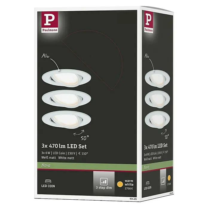 Paulmann Nova LED-Einbauleuchten-Set - 6,5 W, 3 Stk., Warmweiß, 8,4 cm, Weiß - Verpackung eines Paulmann LED-Sets "Nova" mit drei LED-Spots, Alu-Design, 470 Lumen Lichtstärke und warmweißer Lichtfarbe (2700K).