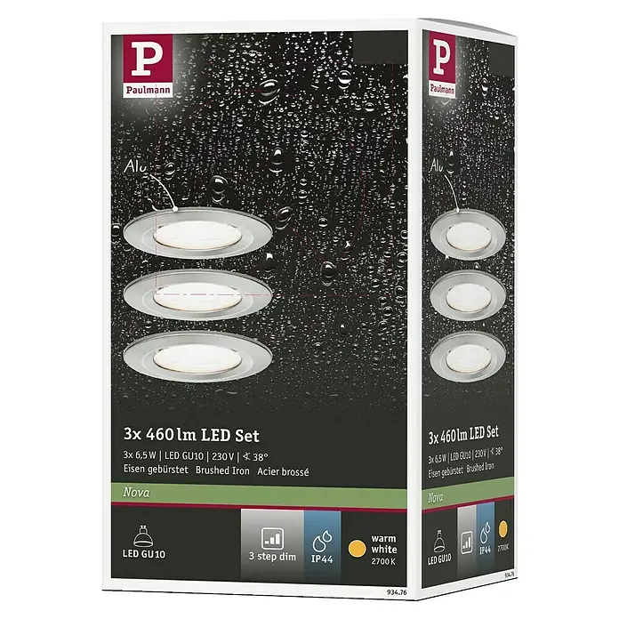 Paulmann LED-Einbauleuchte Nova - 6,5 W, Eisen gebürstet, Warmweiß, 3 Stk., Einbautiefe: 75 mm - Produktverpackung für ein 3er Set Paulmann LED-Einbaustrahler mit je 460lm, gebürstetem Eisenfinish und warmweißem Licht (2700K).