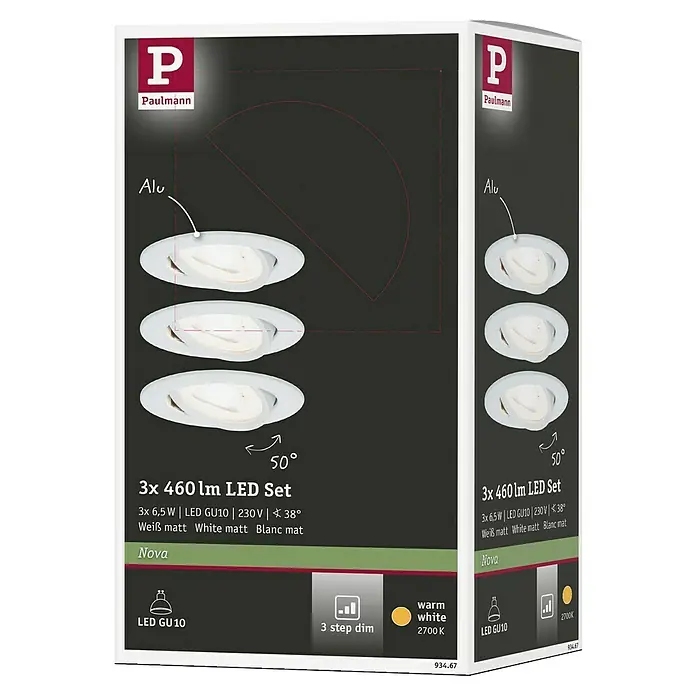Paulmann LED-Einbauleuchte Nova - 6,5 W, Warmweiß, 3 Stk. - Produktverpackung: Paulmann Nova LED Set mit 3 Lampen à 460 lm, GU10, 230V, 38°, Aluminium, warmweiß (2700K), 3-Stufen-Dimmung.