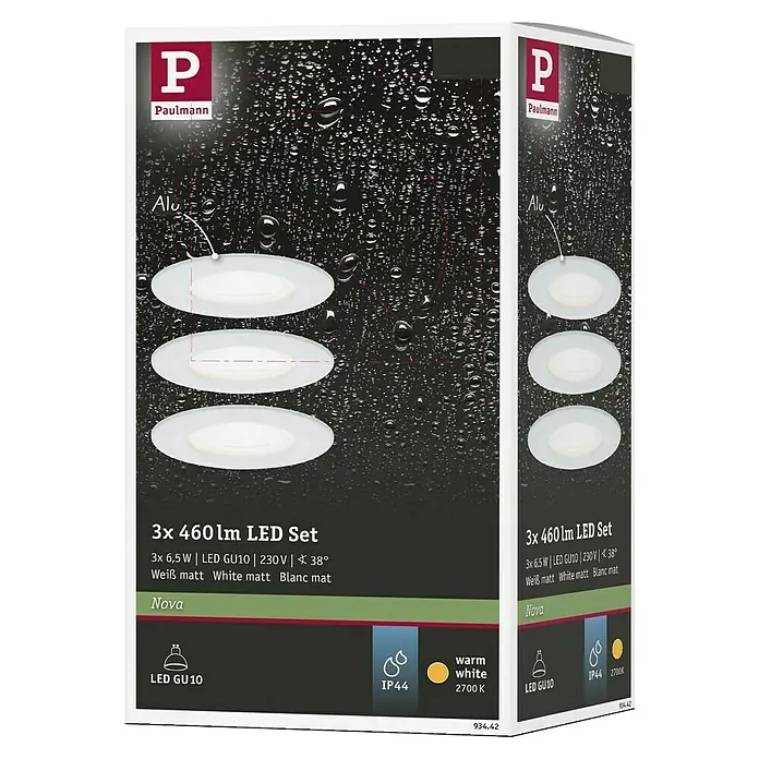 Paulmann LED-Einbauleuchten-Set Nova - 6,5 W, Weiß, 3 Stk., Warmweiß, Durchmesser: 7,8 cm, IP44 - Produktverpackung für ein 3er-Set Paulmann Nova LED-Einbaustrahler mit 460 lm, GU10, 6,5W, in mattweiß, geeignet für Feuchträume (IP44), 2700K warmweiß.