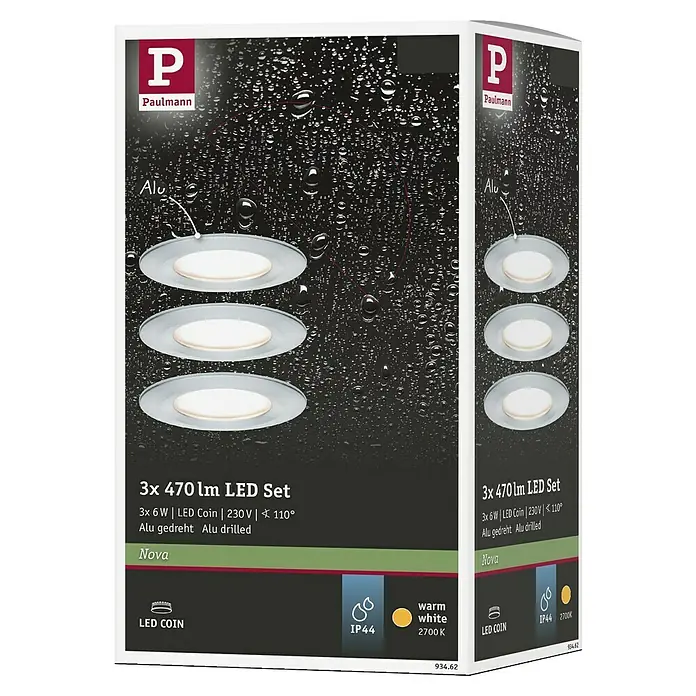 Paulmann Nova LED-Einbauleuchten-Set - 6,5 W, 3 Stk., Warmweiß, Durchmesser: 7,8 cm, Aluminium - Produktverpackung: Paulmann 3x 470 lm LED-Set mit Alu-Drehdesign, ideal für stilvolle und energieeffiziente Beleuchtungslösungen im Innenbereich.