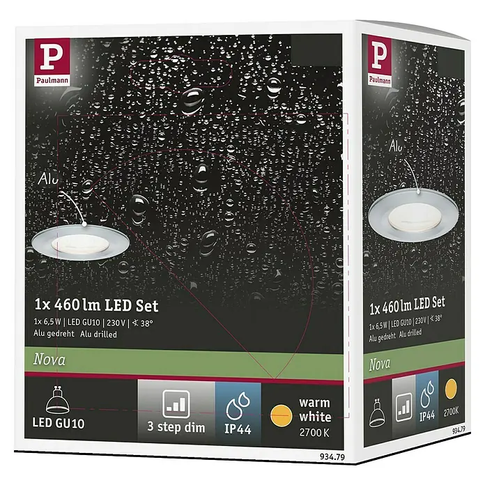 Paulmann LED-Einbauleuchte Nova rund - 6,5 W, Aluminium, Warmweiß, 1 Stk., Einbautiefe: 75 mm - Produktverpackung für ein Paulmann 1x 460 lm LED Set, inklusive GU10 Leuchtmittel, 230V, 38° Abstrahlwinkel und aus Aluminium gefertigt.