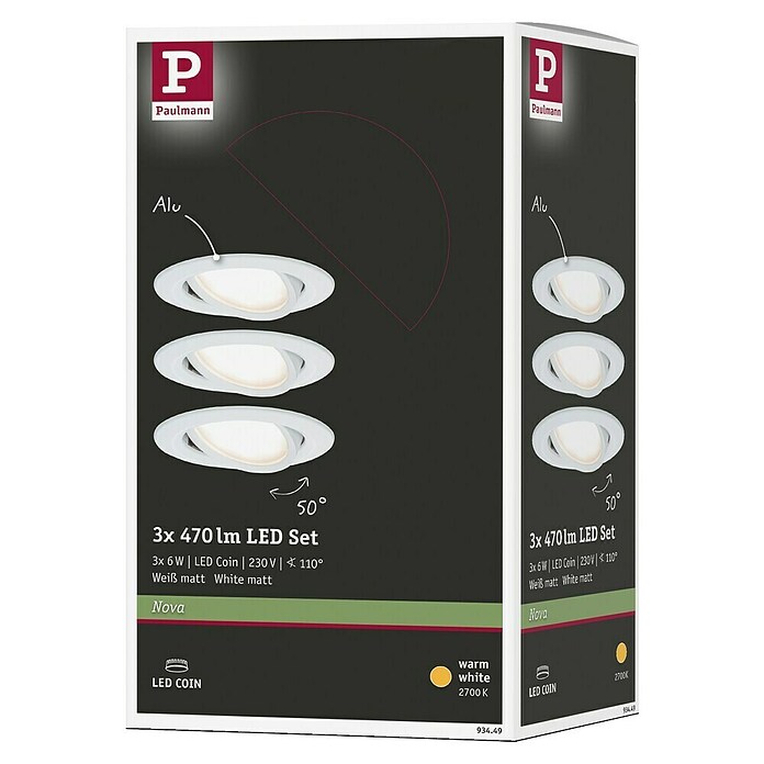 Paulmann LED-Einbauleuchten-Set (6,5 W, Weiß, Durchmesser: 8,4 cm, 3 Stk.)