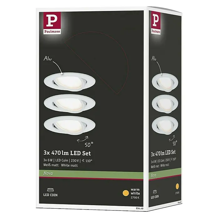 Paulmann Nova LED-Einbauleuchten-Set - 6,5 W, 3 Stk., Warmweiß, Durchmesser: 8,4 cm, Weiß - Verpackung der Paulmann 3er Set LED-Einbaustrahler in Weiß matt, mit technischen Details und Produktmerkmalen.