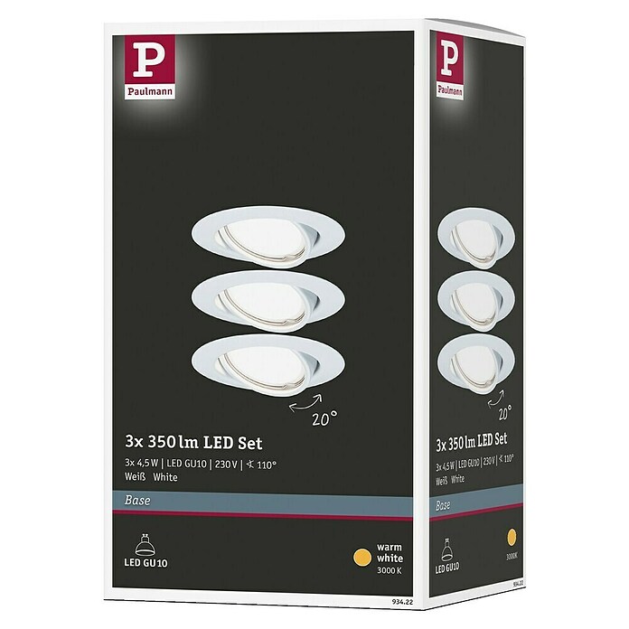 Paulmann LED-Einbauleuchten-Set (5 W, Weiß, Durchmesser: 9 cm, 3 Stk., GU10)