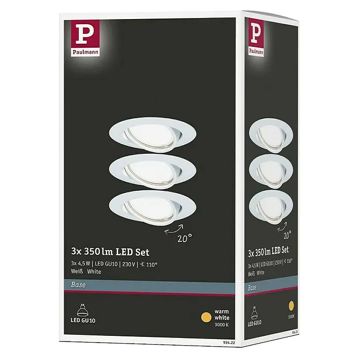 Paulmann LED-Einbauleuchten-Set Base Rund - 5 W, Weiß, 3 Stk., Warmweiß - Produktverpackung: Paulmann 3er Set LED-Einbaustrahler, 350 Lumen, GU10 Sockel, warmweißes Licht (3000K), ideal für stimmungsvolle Beleuchtung.