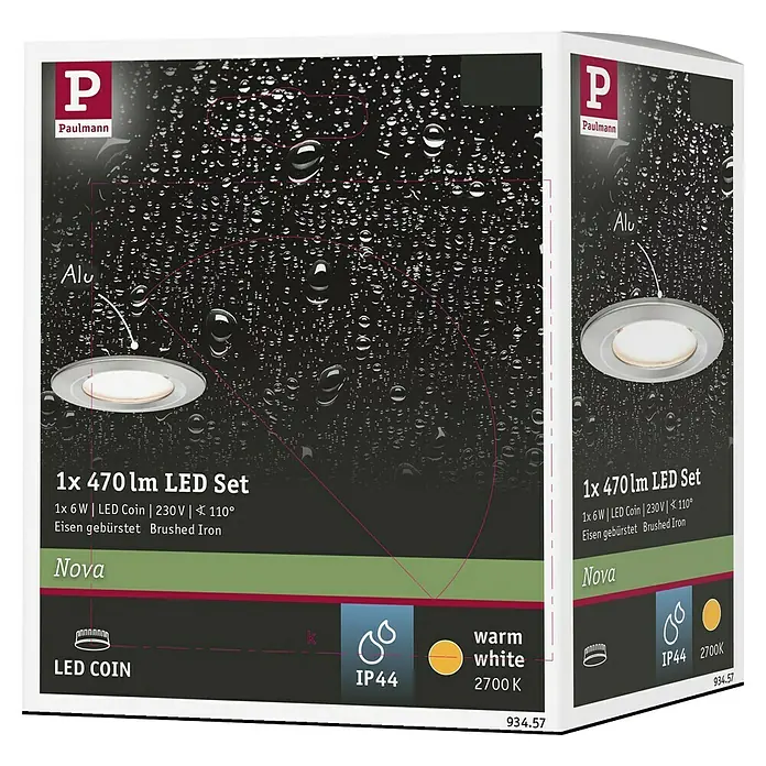 Paulmann LED-Einbauleuchte Nova - 6,5 W, Eisen gebürstet, Warmweiß, 1 Stk. - Produktverpackung für ein Paulmann 1x 470 lm LED-Set mit gebürstetem Eisen-Finish, warmweißem Licht und IP44-Schutz.