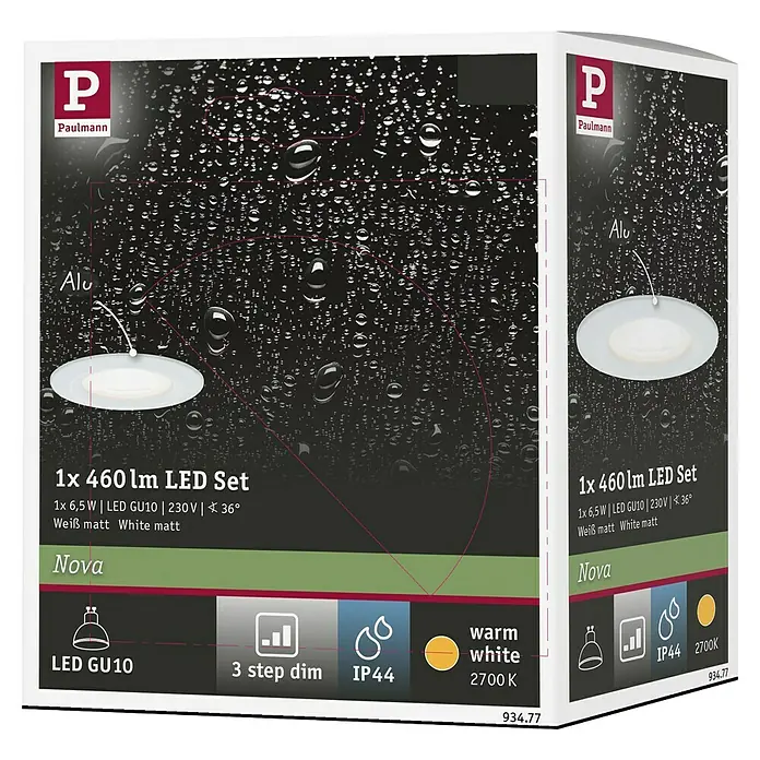Paulmann LED-Einbauleuchte Nova - 6,5 W, Warmweiß, 1 Stk. - Produktverpackung Paulmann Nova LED Set: 1x 460 lm, 6,5 W, LED GU10, 230 V, 36°, Weiß matt, warmweiß 2700 K, IP44, 3-Stufen-Dimmfunktion.